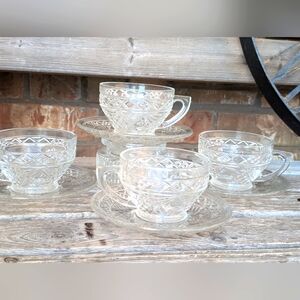 Vintage Hazel-Atlas cut glass cup and saucers 4 sets